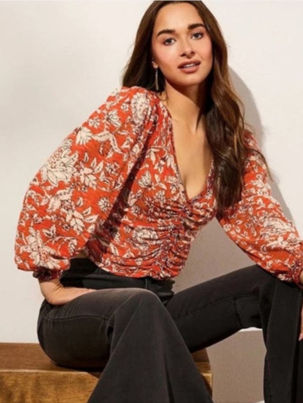 Free People FP Say The Word Ruched V Neck Top‎ Blouse Red Floral Extra Small NWT